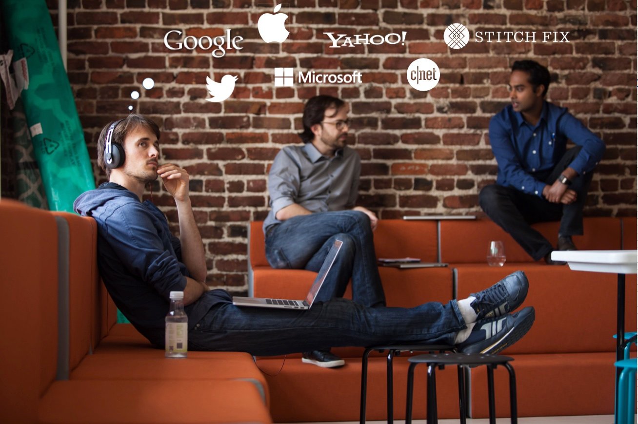 Three men have logo-based thought balloons coming out of their heads, with one pondering Stitch Fix while the others are thinking of Google, Microsoft, Yahoo, Twitter, and CNET.