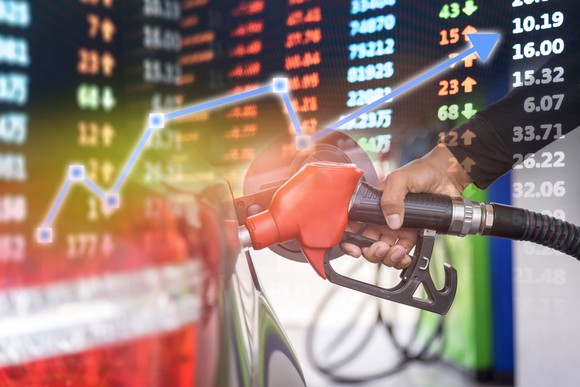 Red gas pump superimposed over a stock chart with a blue arrow going up.