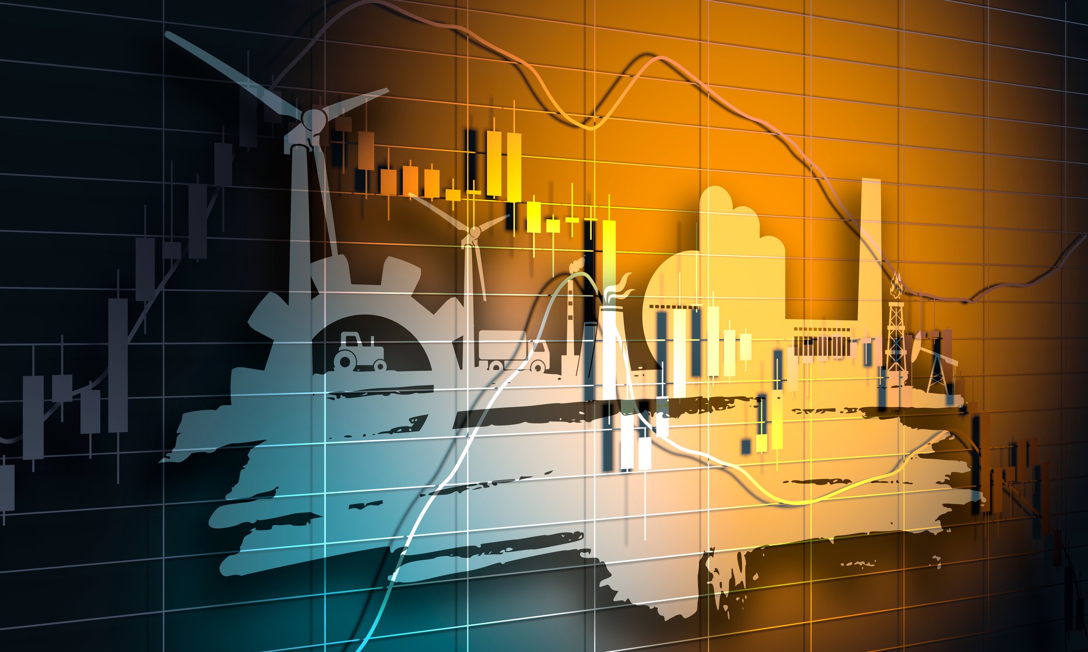 Designs of energy assets over a stock chart.