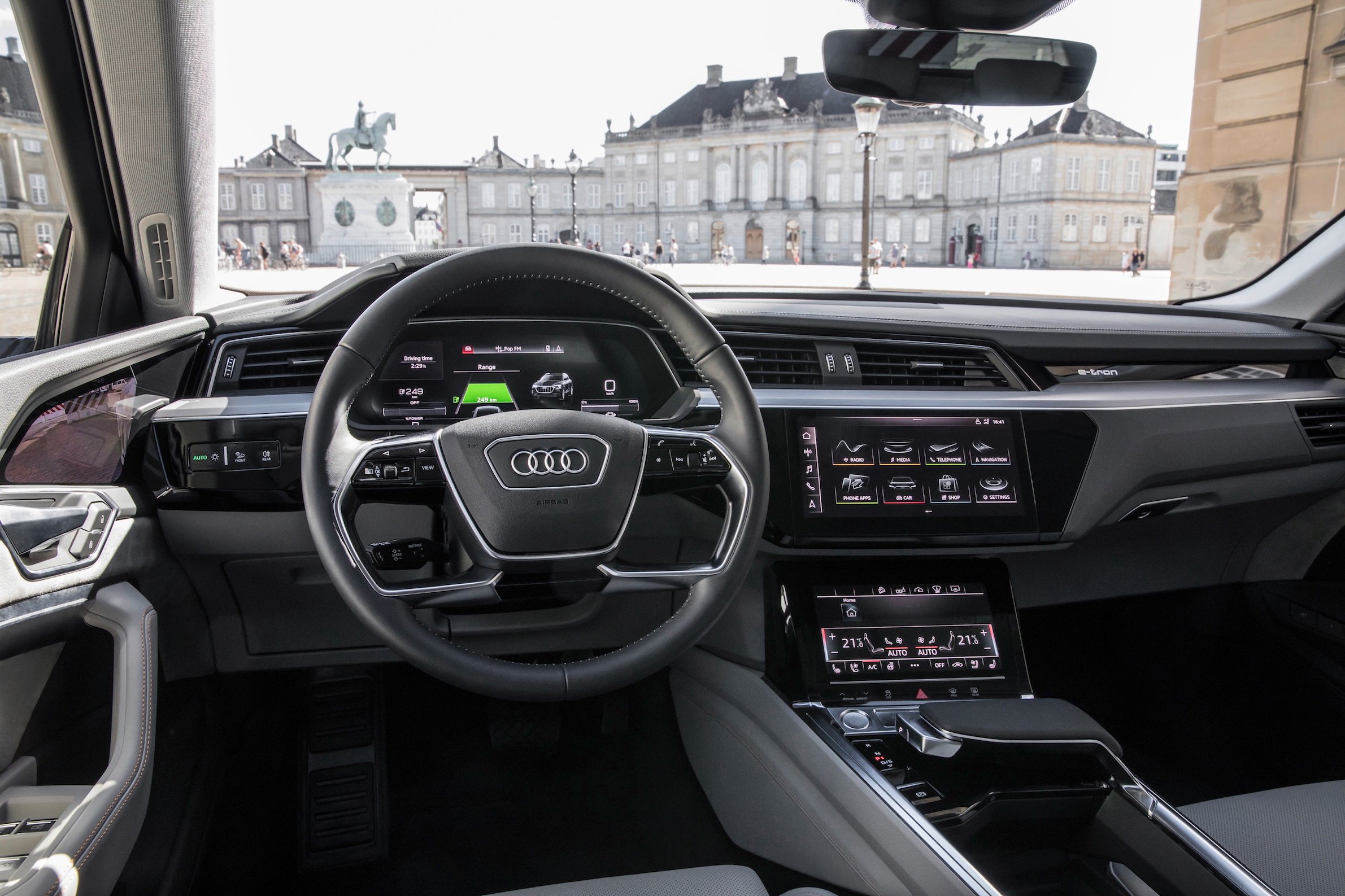 A view of the dashboard of a prototype Audi e-tron. For the most part, it looks like a conventional luxury-car's interior.