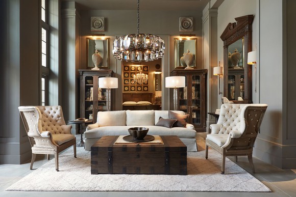 A beautifully decorated room with Restoration Hardware products