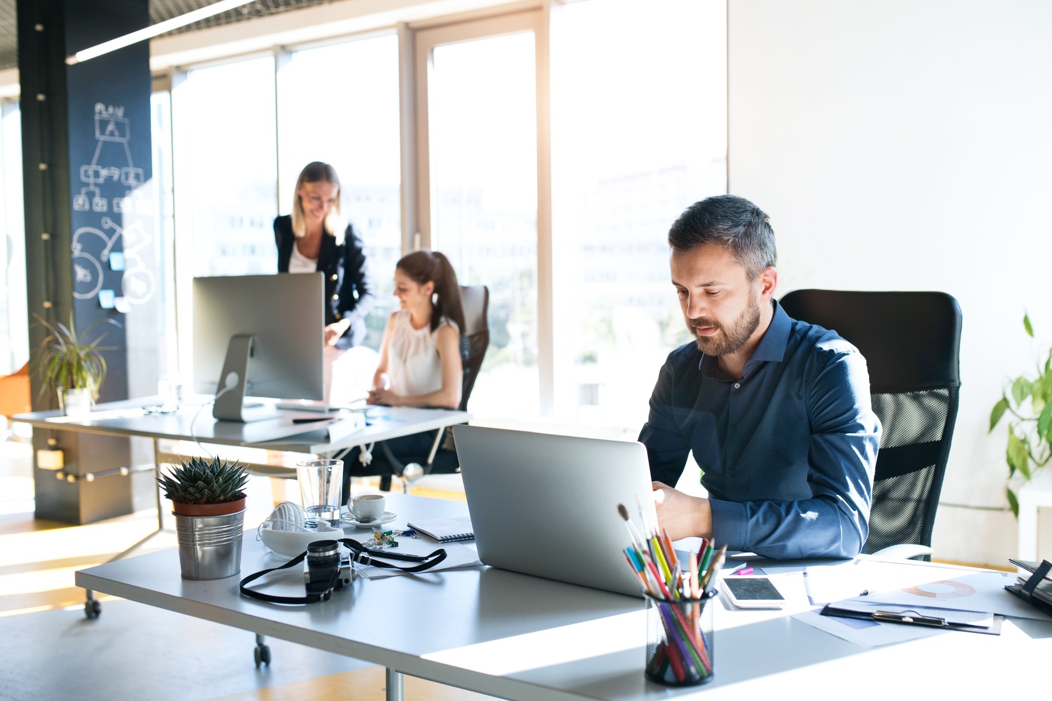 People work in an office.