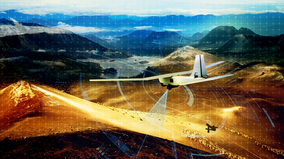Graphic of unmanned aerial vehicle monitoring and communicating over a desert landscape.