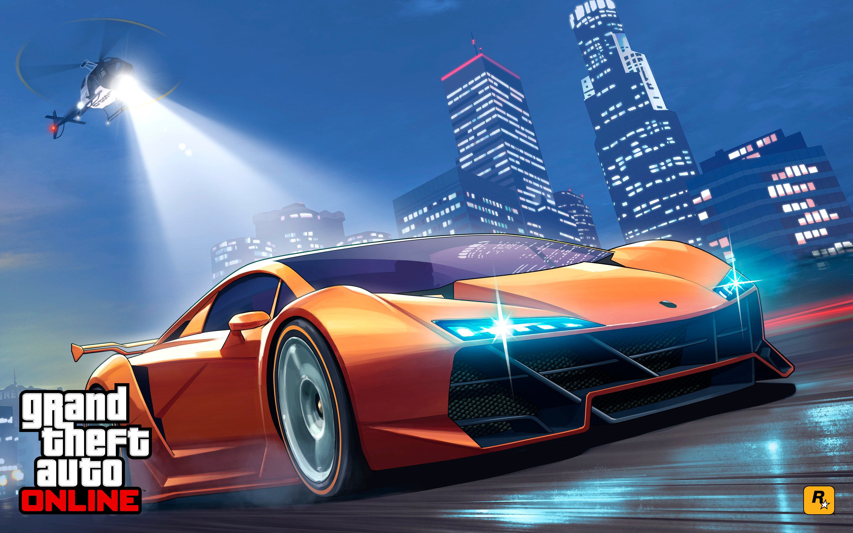 Grand Theft Auto game art depicting a high speed chase with a police helicopter hovering over a sports car on a highway.