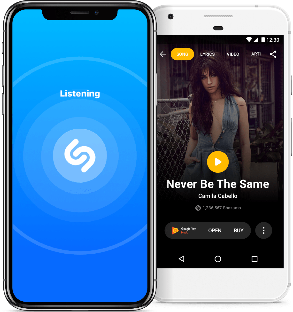 Shazam interface shown on two iPhones