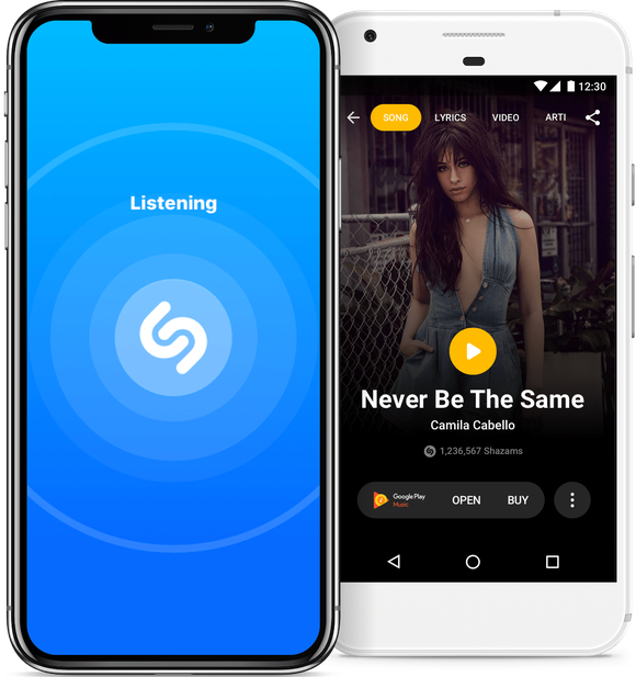 Shazam interface shown on two iPhones