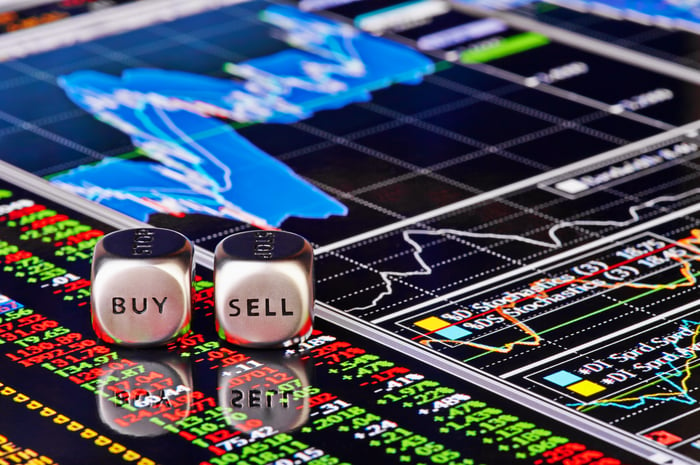 Dice saying "buy" and "sell" on top of a stock graph display.