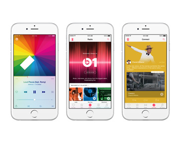 Apple Music music interface shown on three iPhones