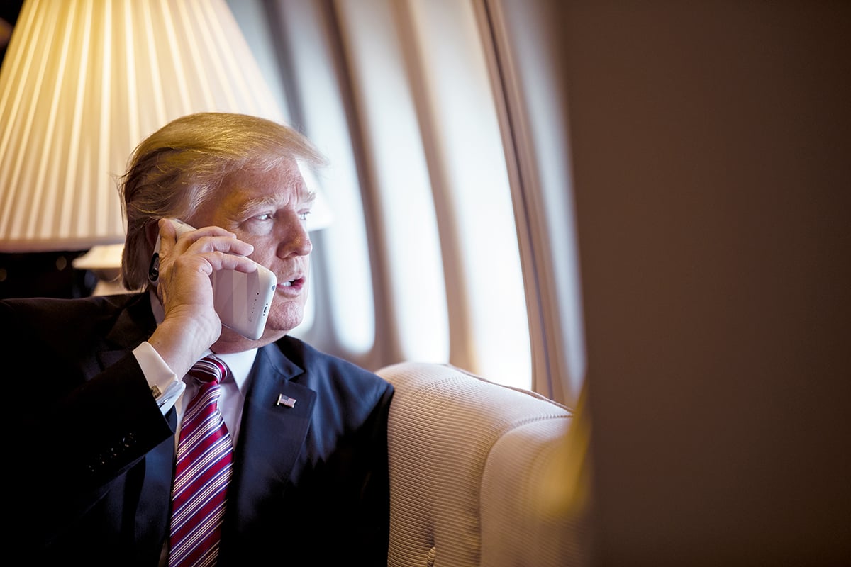 President Trump talking on the phone while on Air Force One. 