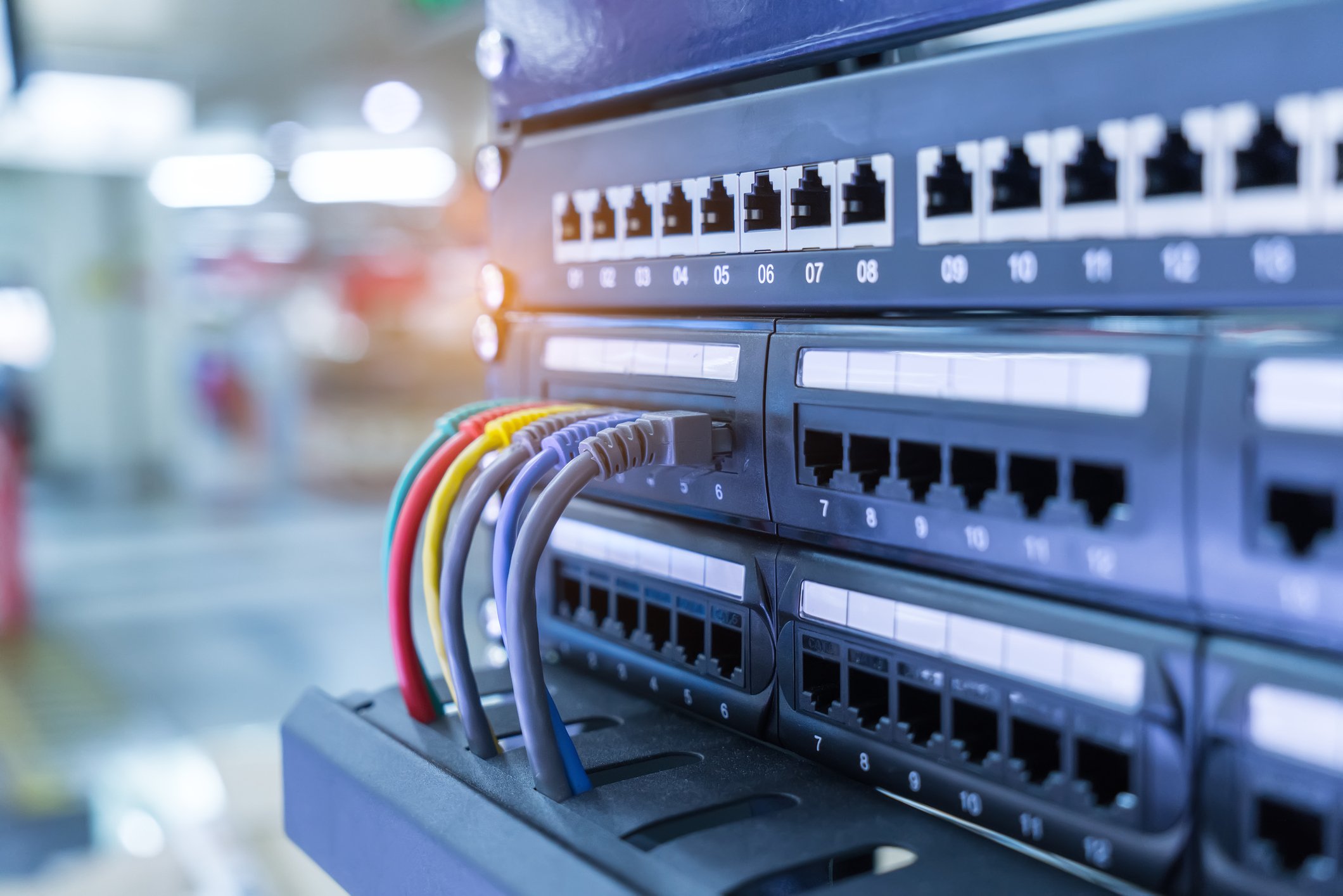 A handful of colorful Ethernet cables plugged into an enterprise-grade network switch.