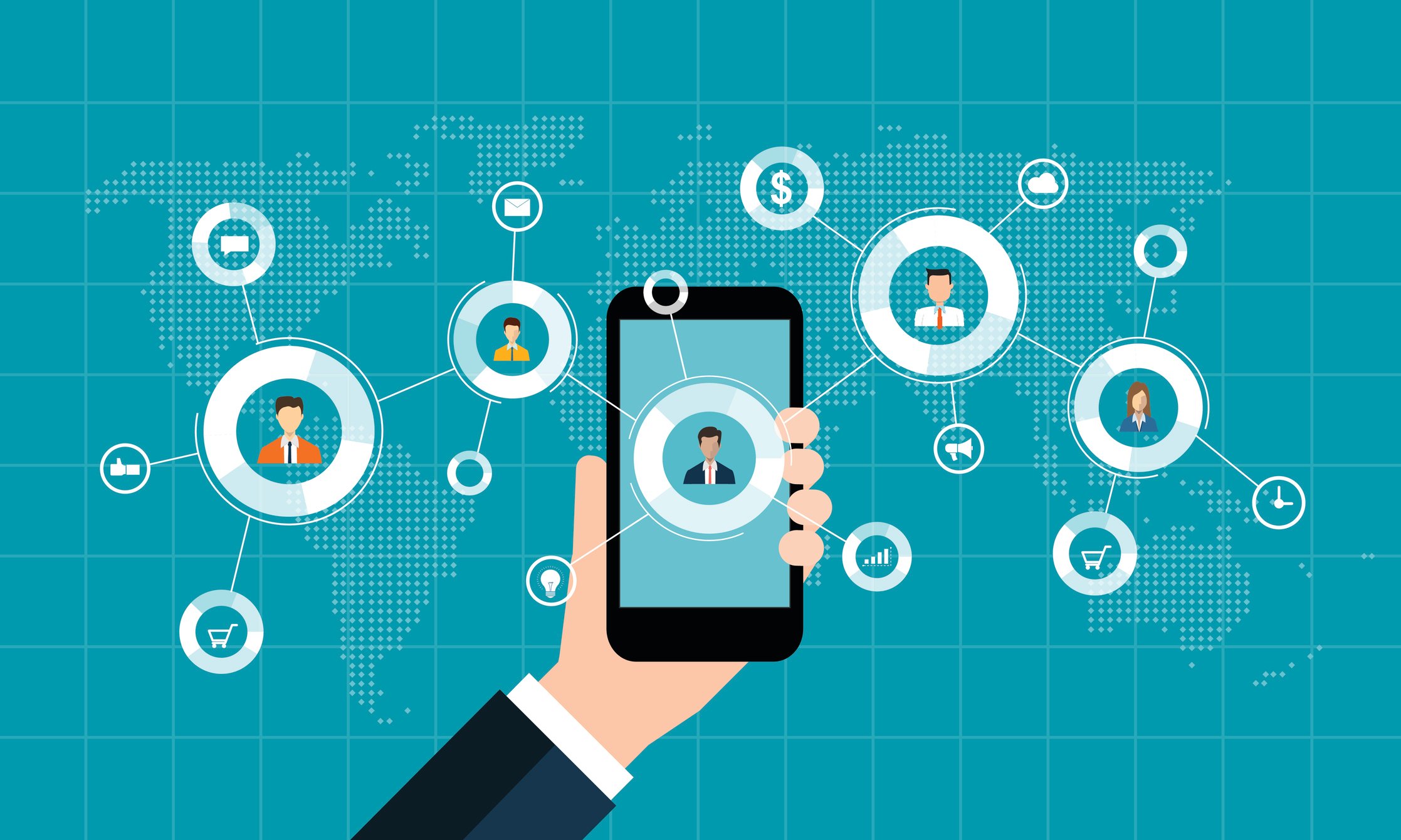 cartoon of a hand holding a smartphone that connects to others on a digital map.