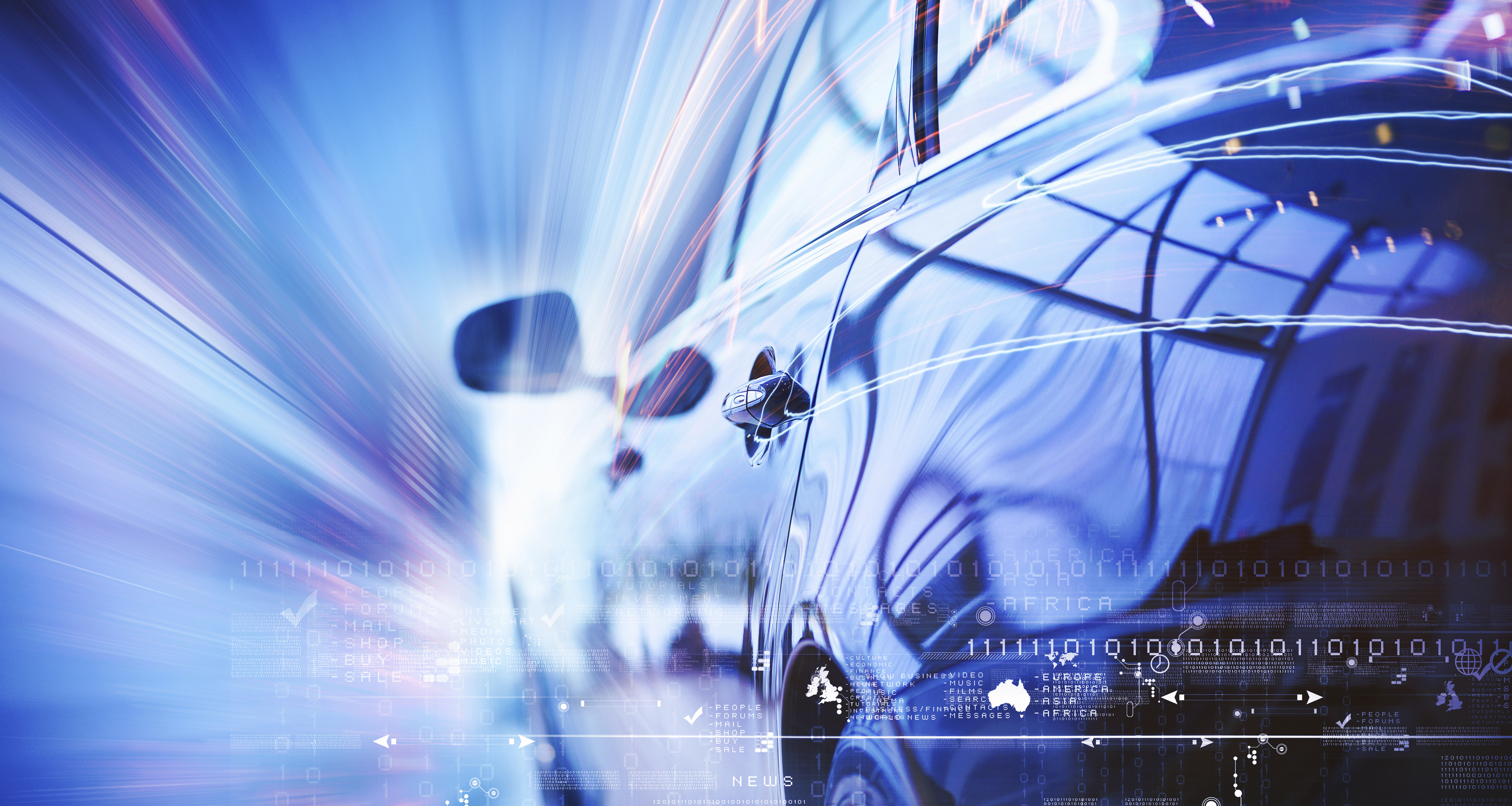 Close-up rendering of a silver sports car zooming into the future.