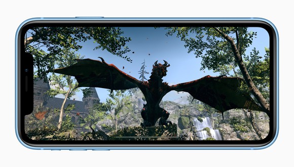 A blue iPhone Xr displaying a 3D game.