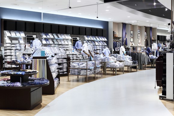 Men's clothing displays in a department store.