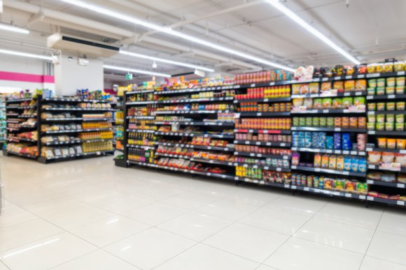 A blurred image of supermarket shelves