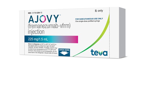 Package of Ajovy from Teva for the prevention of migraine headaches.