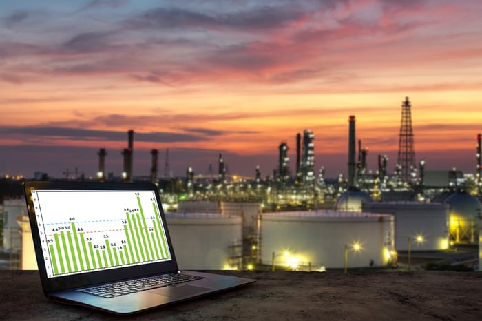 A laptop sitting in the foreground, with a giant petrochemical complex in the background.