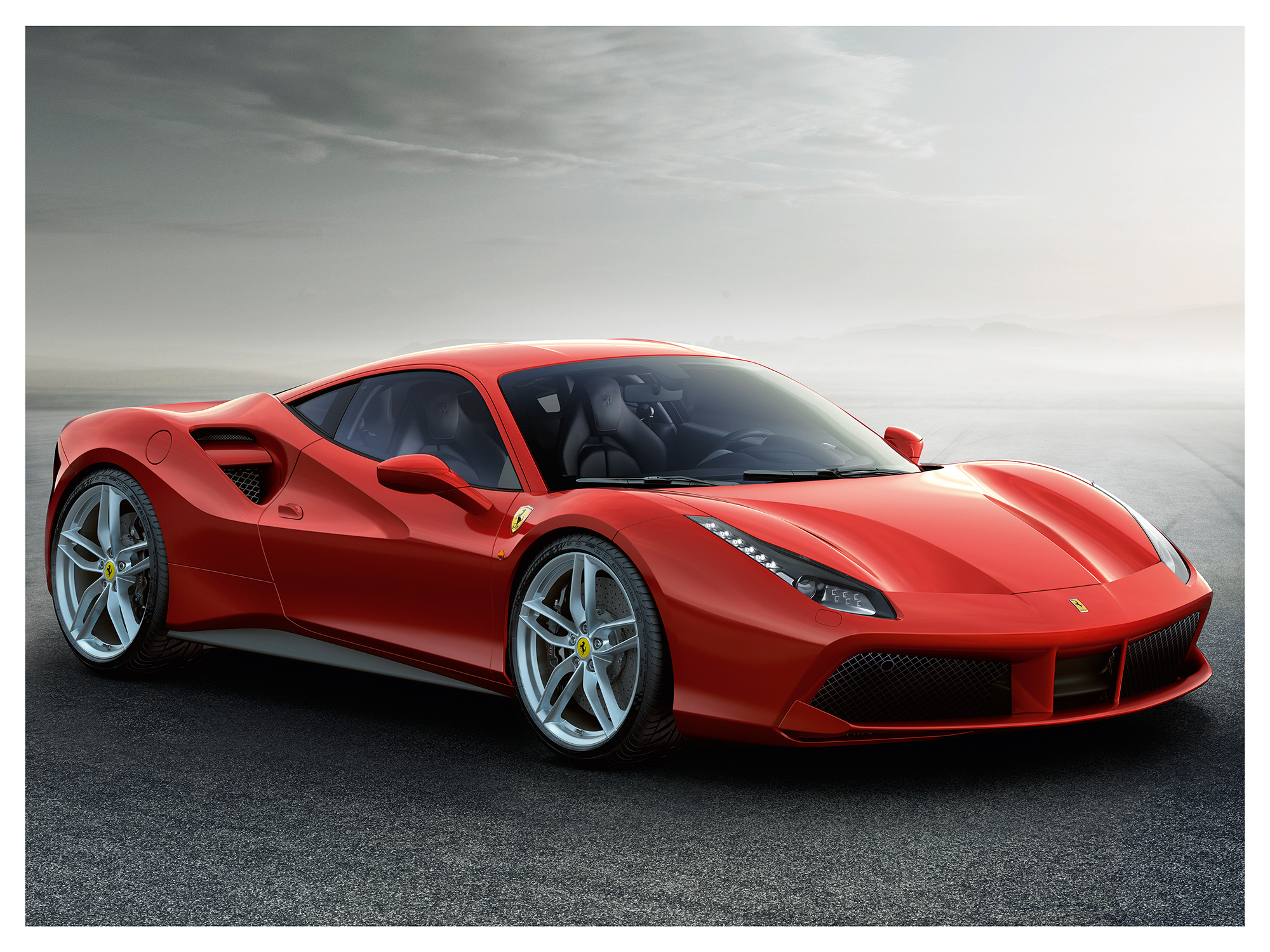 A red Ferrari 488GTB, a low-slung two-seat sports car with dramatic styling. 