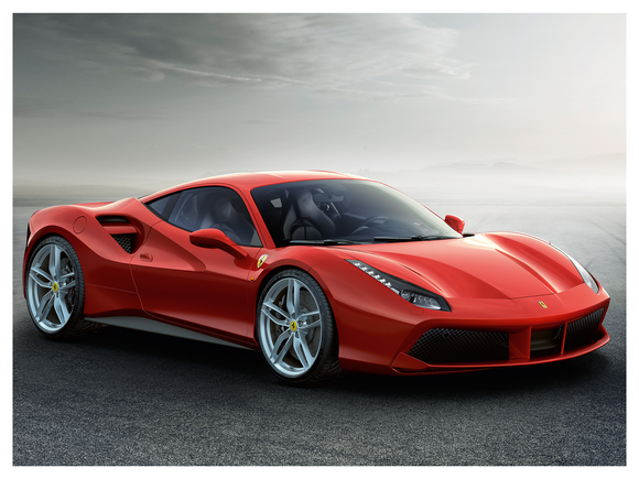 A red Ferrari 488GTB, a low-slung two-seat sports car with dramatic styling. 