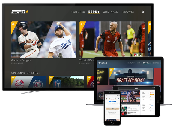 ESPN+ on a smart TV, laptop, tablet, and smartphone.