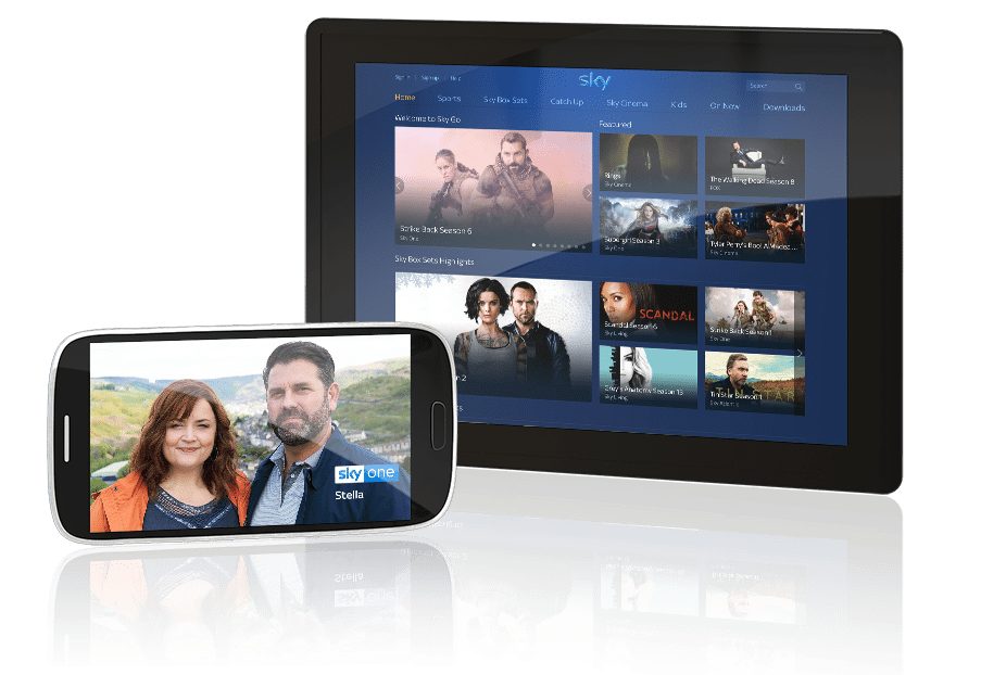 The Sky app shown on a tablet and smartphone.