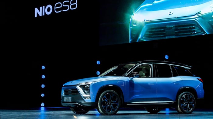 A blue NIO ES8, a seven-passenger battery-electric SUV, on an auto show stage.