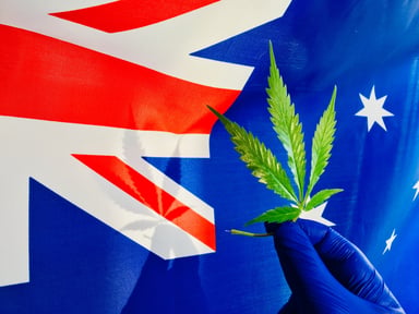 Marijuana leaf in front of Australia flag