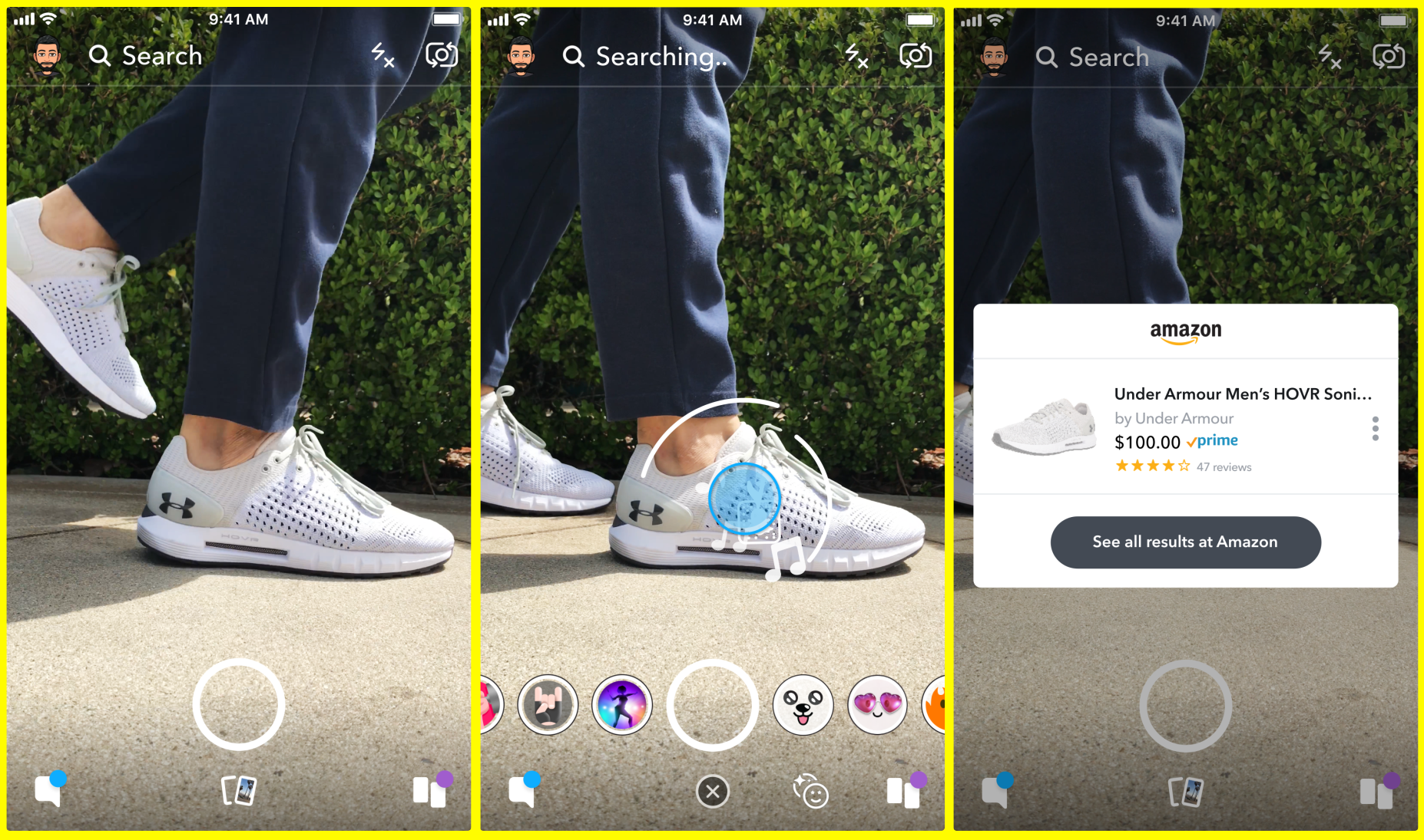 Screenshots of Snapchat's Visual Search in action.