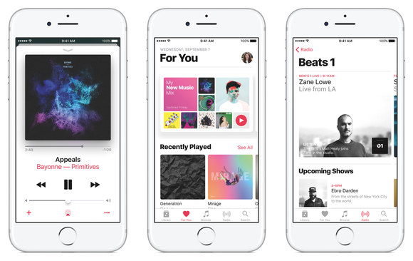 Apple Music interface on three iPhones