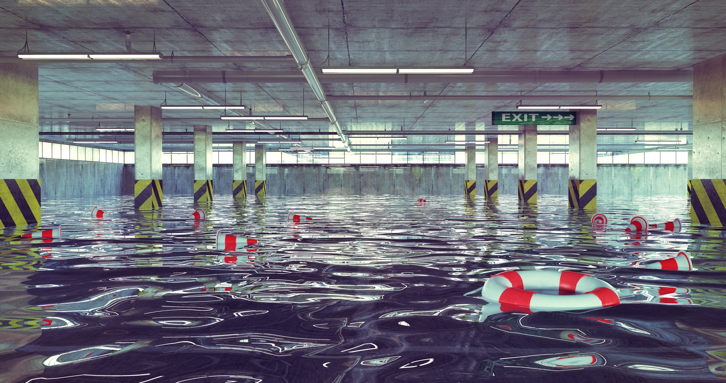 Flooded indoor parking facility.
