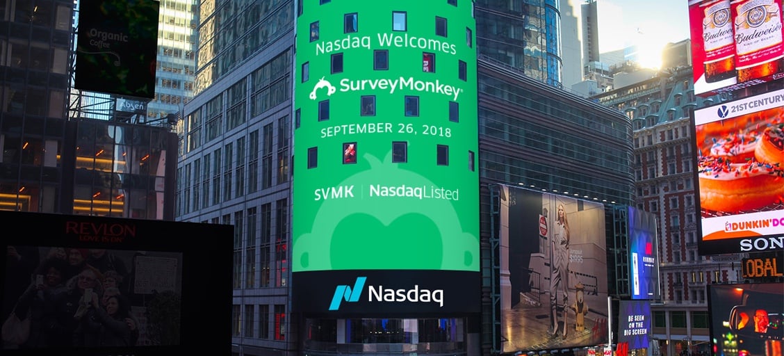 A digital banner reads "Nasdaq Welcomes SurveyMonkey September 26, 2018. SVMK Nasdaq Listed."
