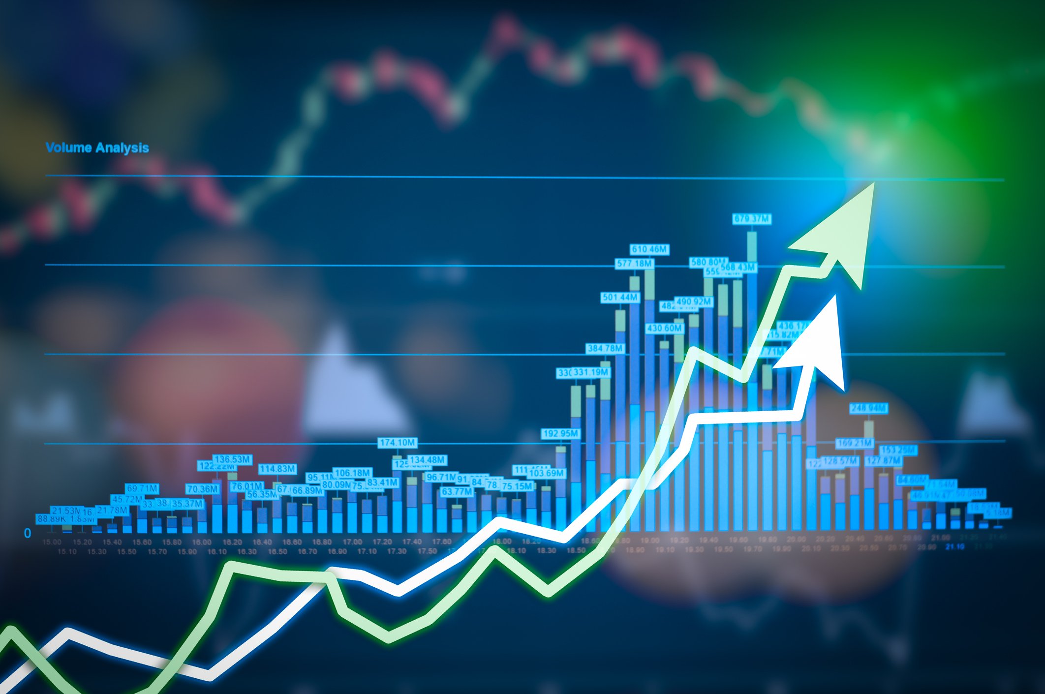Colorful stock market charts and arrows showing gains