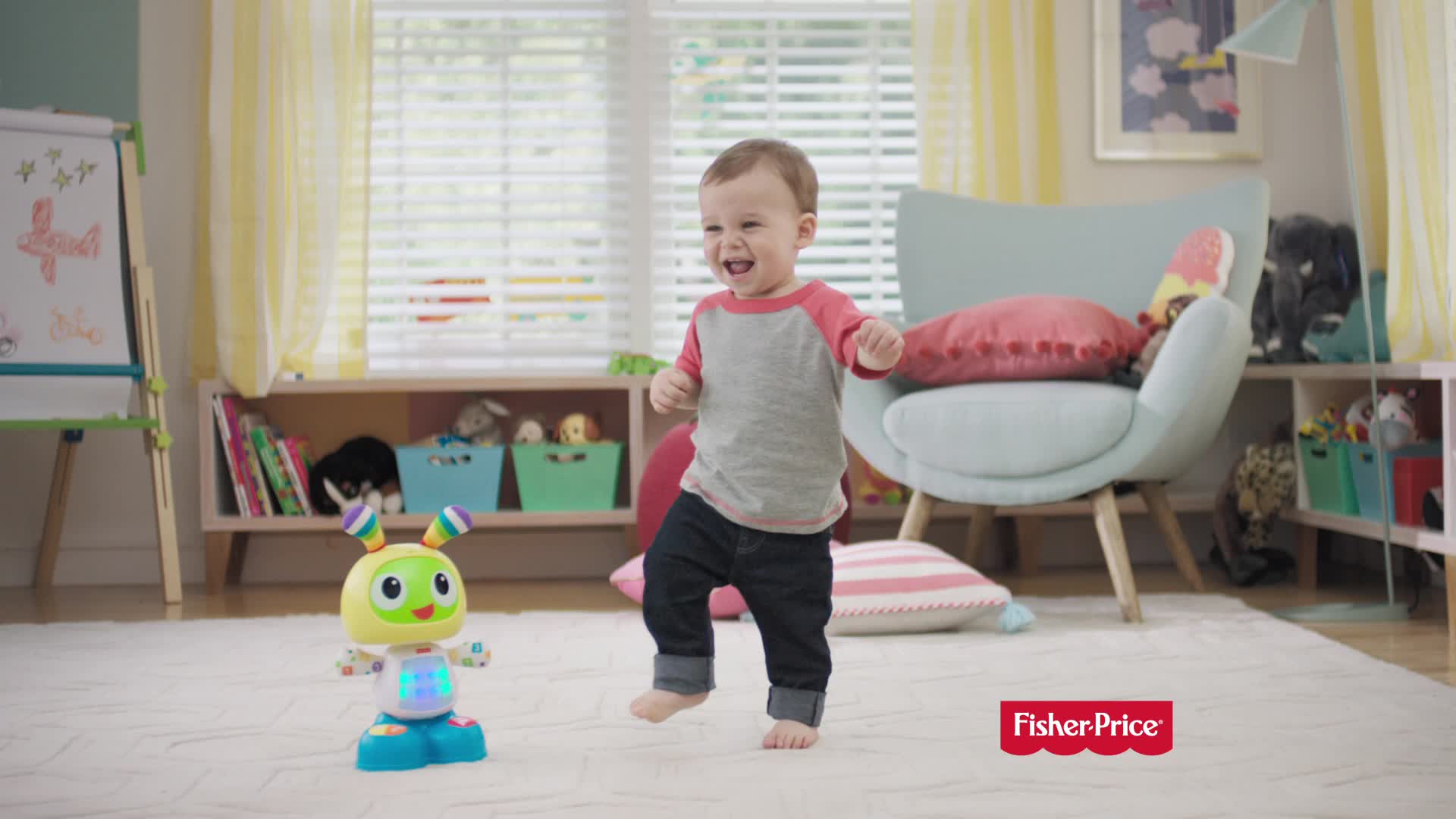 A child and a Fischer Price toy playing in a den.