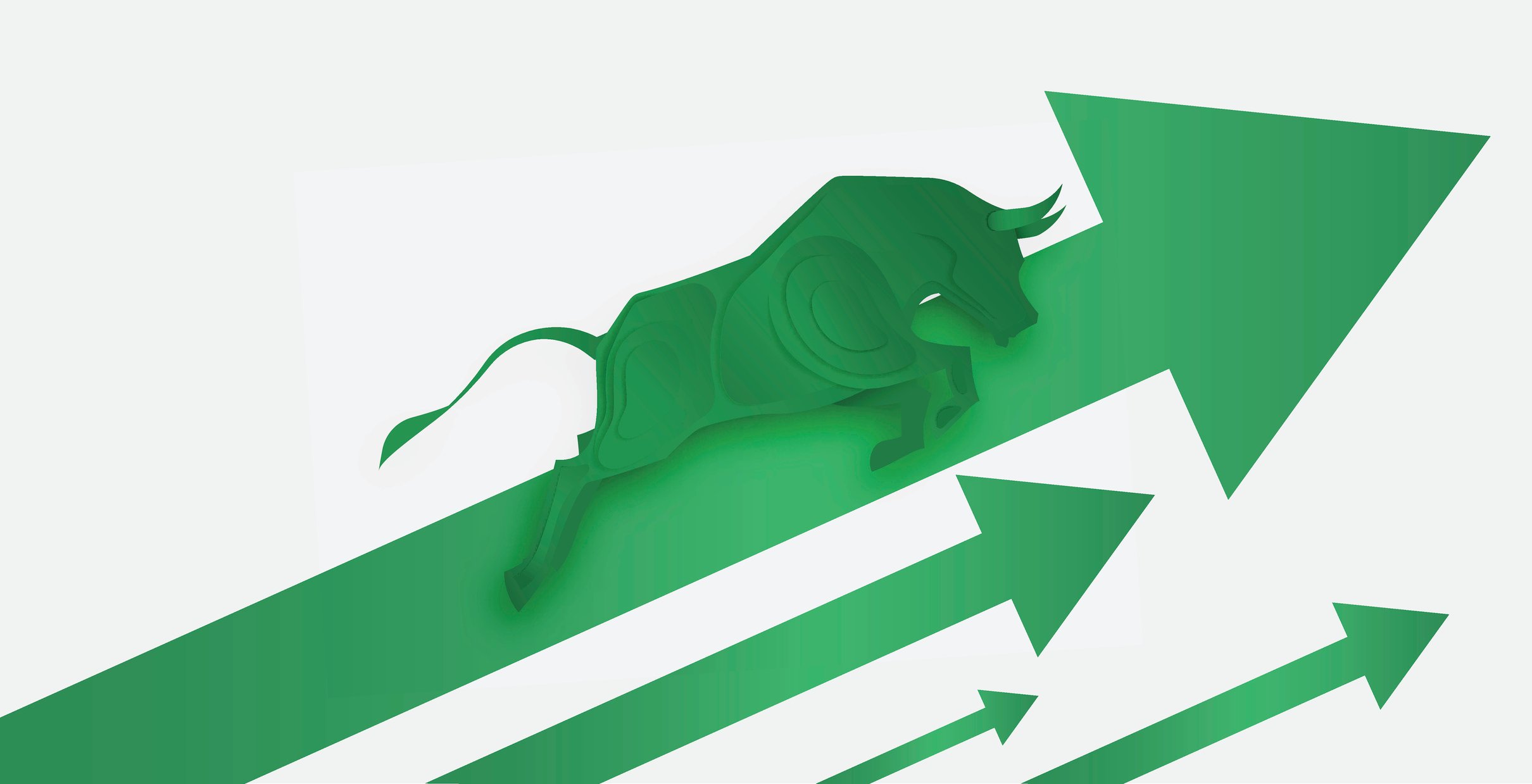 A running bull in front of four arrows moving up and to the right.