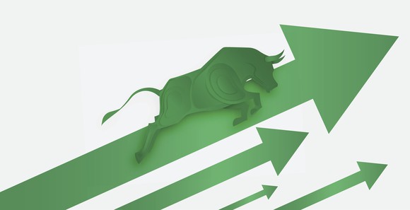 A running bull in front of four arrows moving up and to the right.