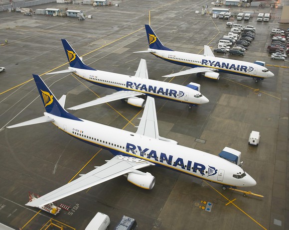Three Ryanair jets parked on the tarmac
