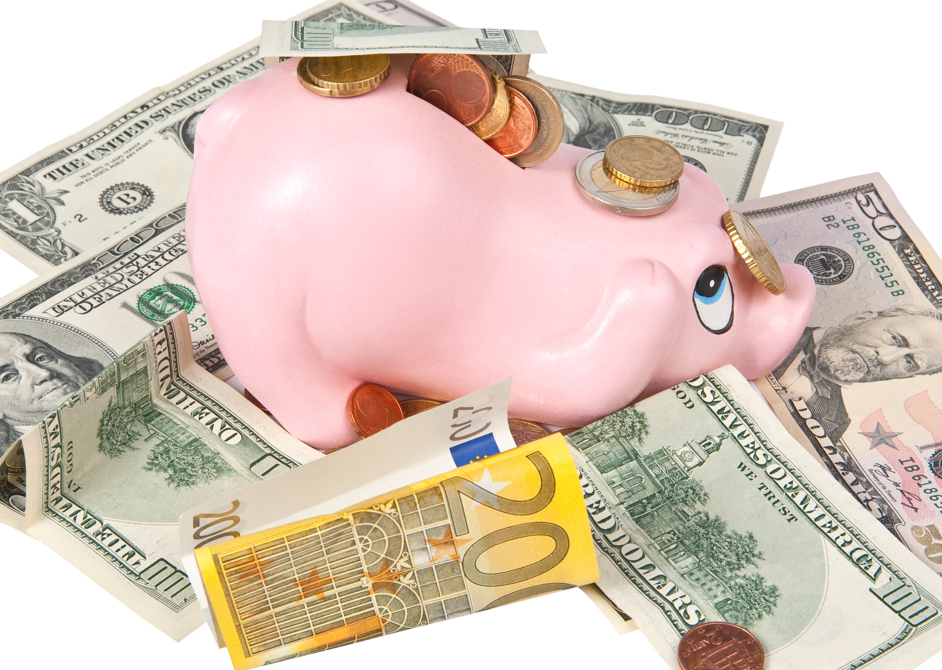 Piggy bank and lots of cash