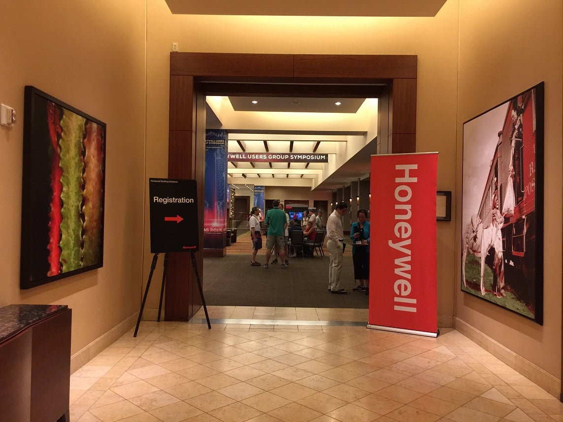 Entrance to conference with Honeywell logo at front.