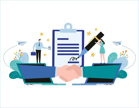 An illustration of people shaking hands and a signed document.