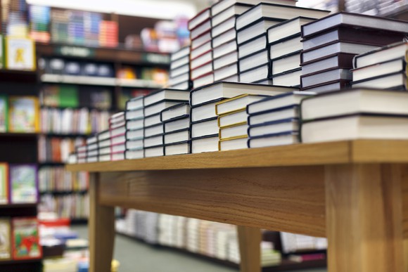Books on a table in a bookstore
