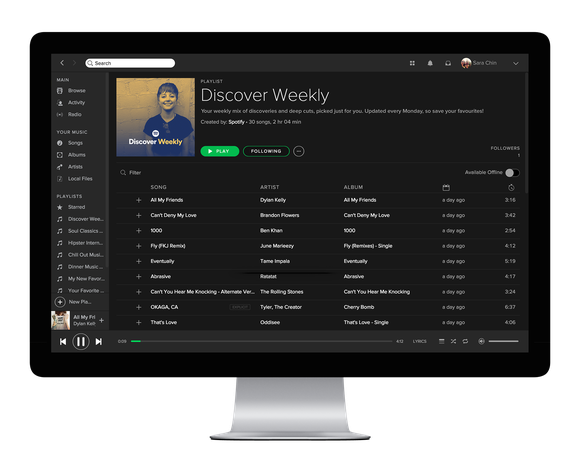 Spotify's Discover Weekly playlist on a desktop computer.