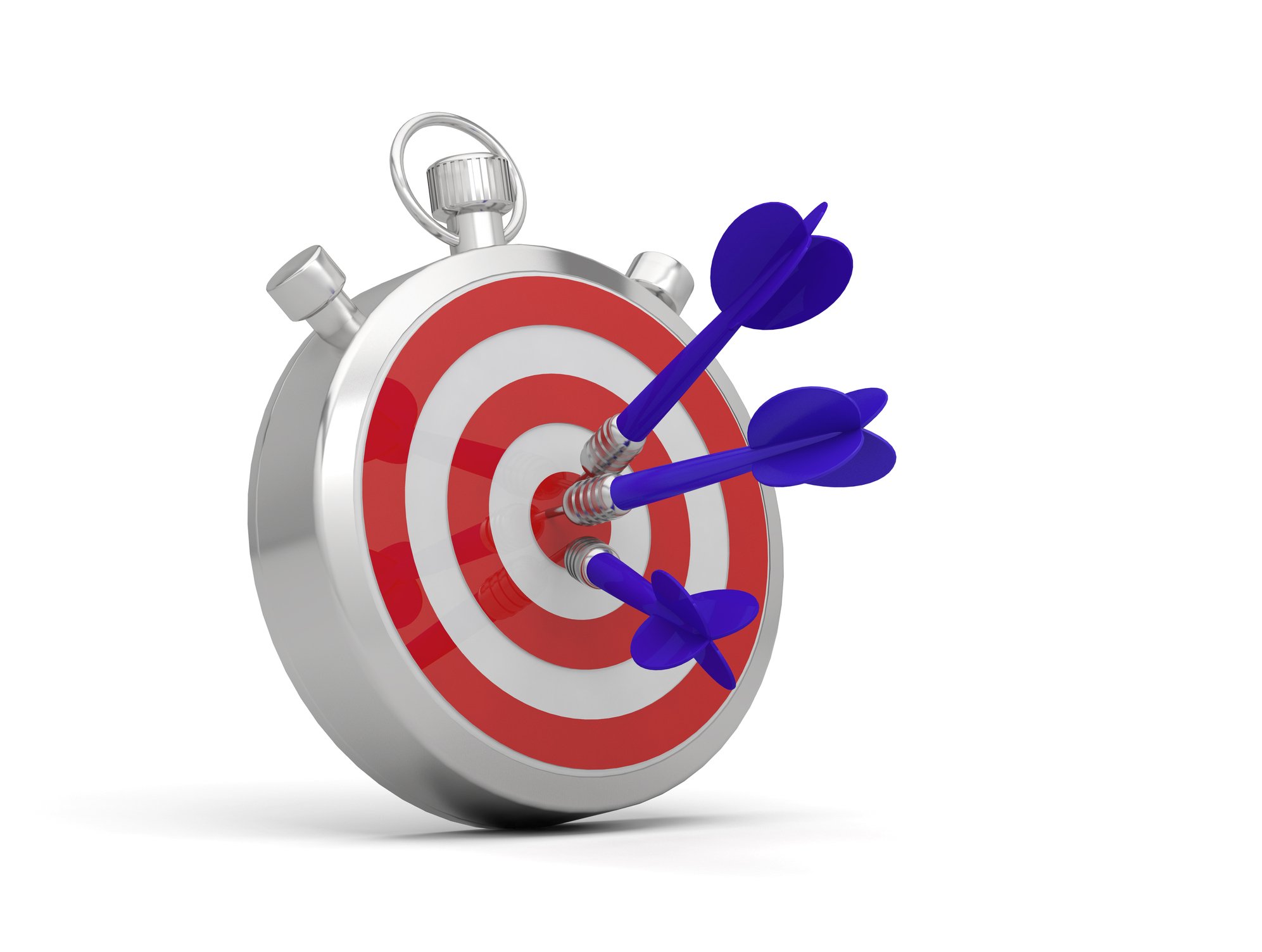 Stopwatch with a dart target drawn on and the three darts stuck in the bull's-eye.