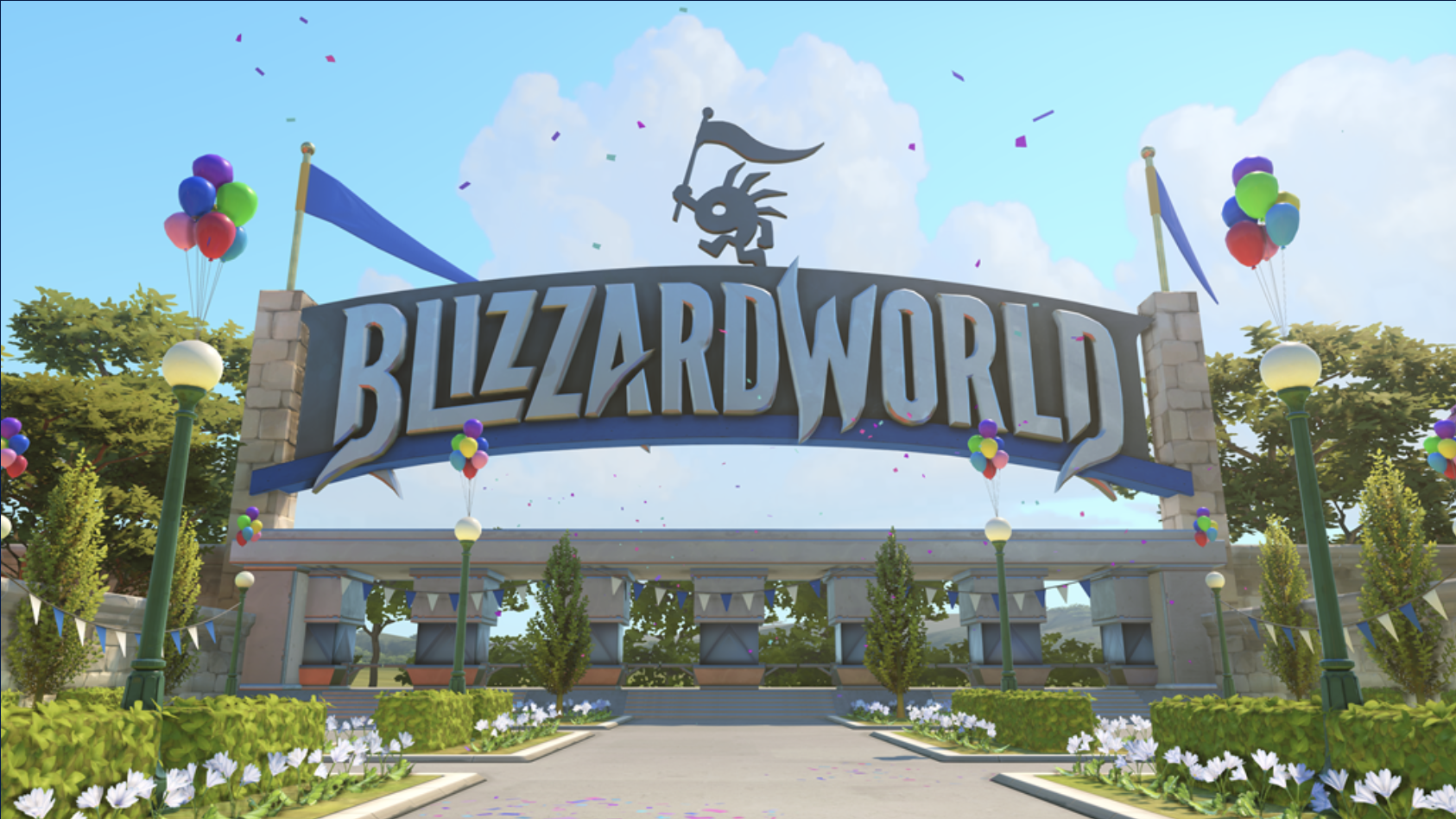 Screenshot from Overwatch video game of an entrance to a theme park with the title Blizzard World displayed.