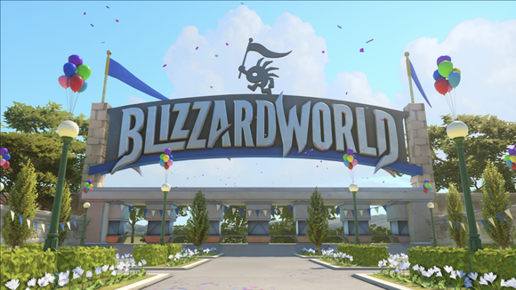 Screenshot from Overwatch video game of an entrance to a theme park with the title Blizzard World displayed.