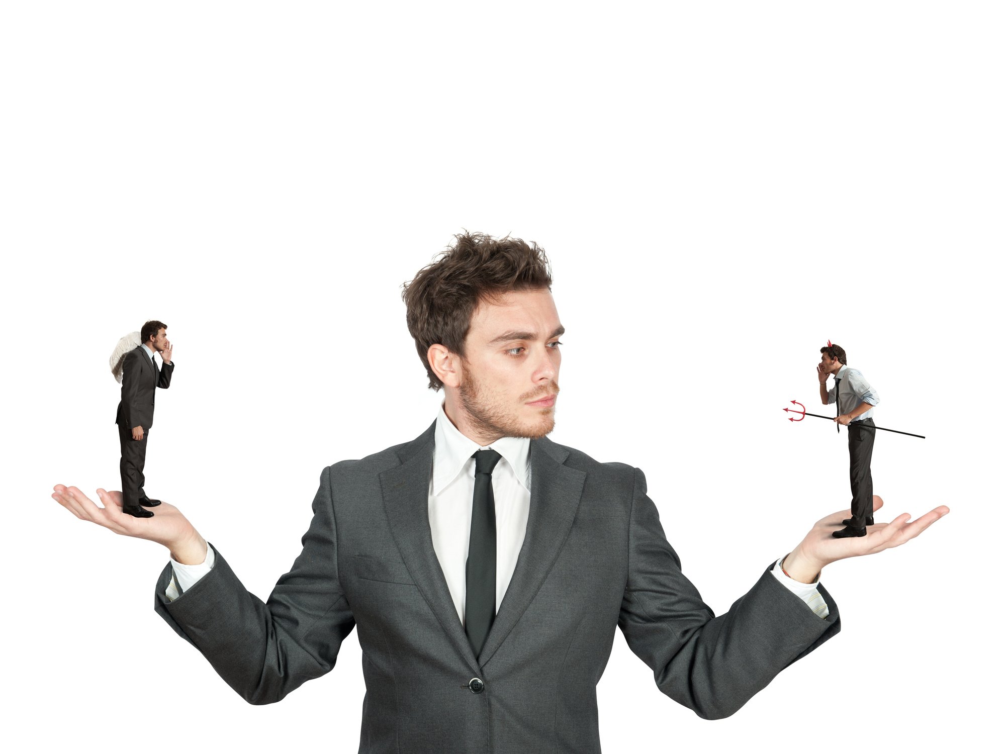 A man with his palms out holding a devil in one and an angel in the other.