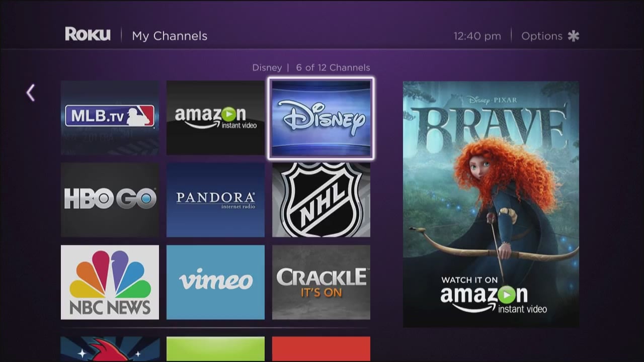 ROKU software interface showing various channels like Disney, MLB.tv, and NBC News