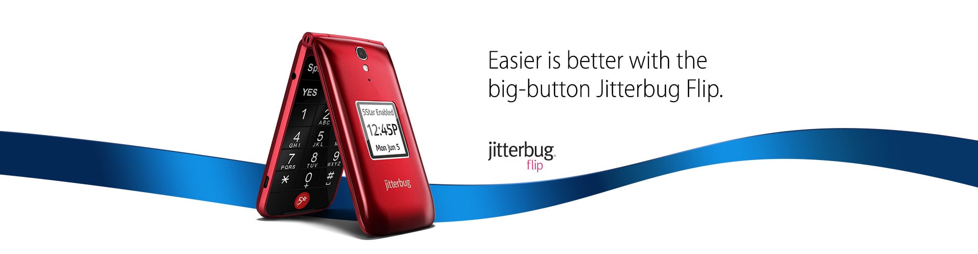 A banner ad with a a partially opened red flip phone, reading "Easier is better with the big-button Jitterbug Flip"