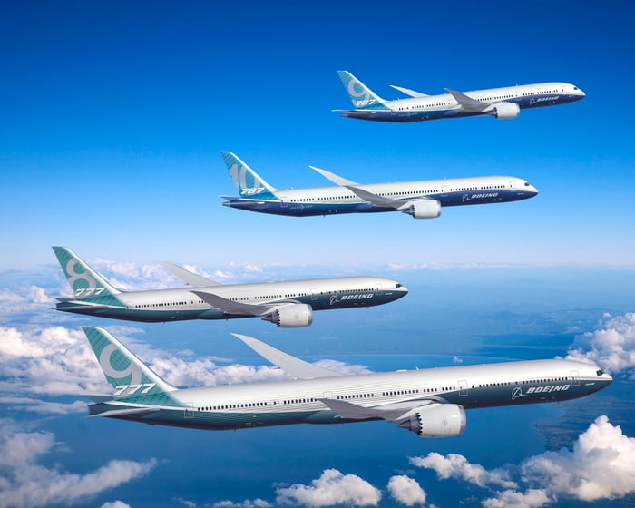 Boeing 777 and 787 twin-aisle planes in flight.