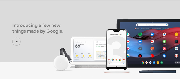 A slide from the Google release event showing the Pixel 3, Home Hub, and Pixel Slate tablet