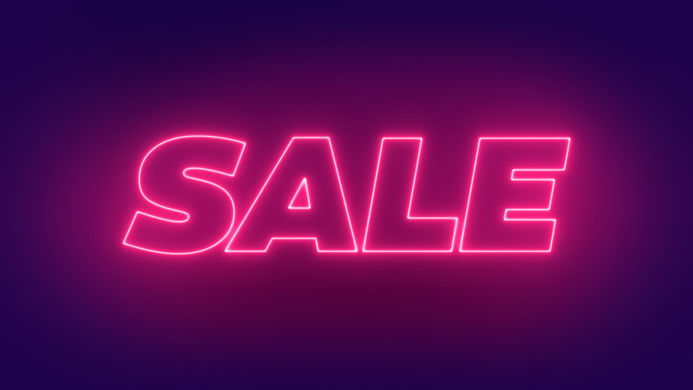 A purple neon sign with the word sale.
